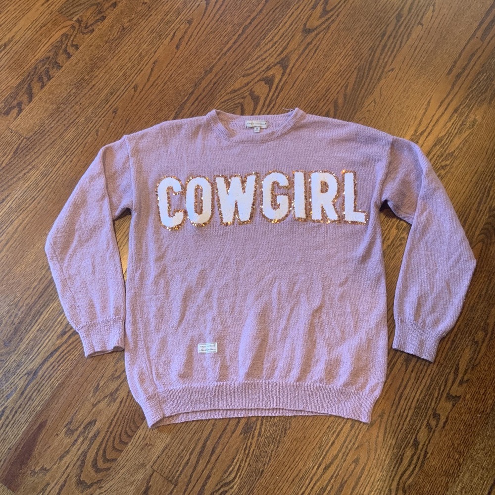 Simply Southern Size M COWGIRL Sweater Varsity Letters Preppy‎ Pink Bling EUC
